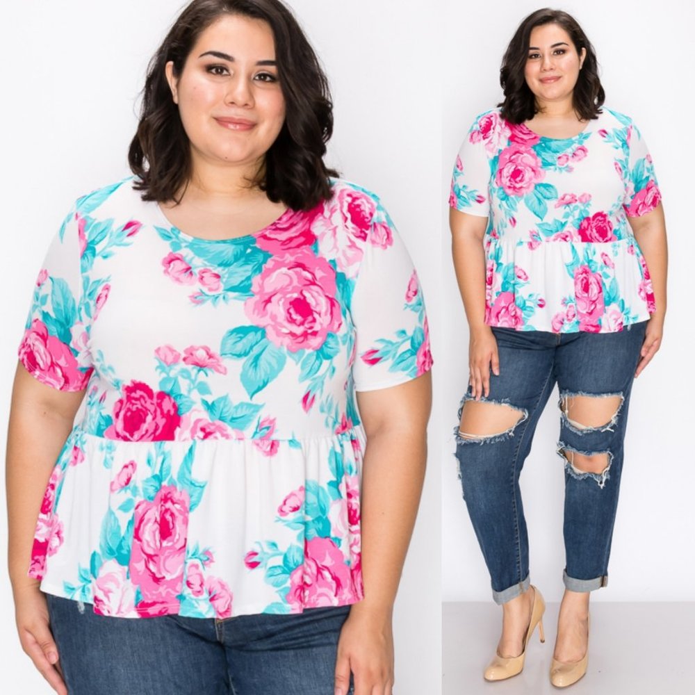1x-3x Plus powder blue& pink frill hem tunic top - Picture 7 of 7